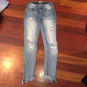 Distressed, fringe ankle jeans